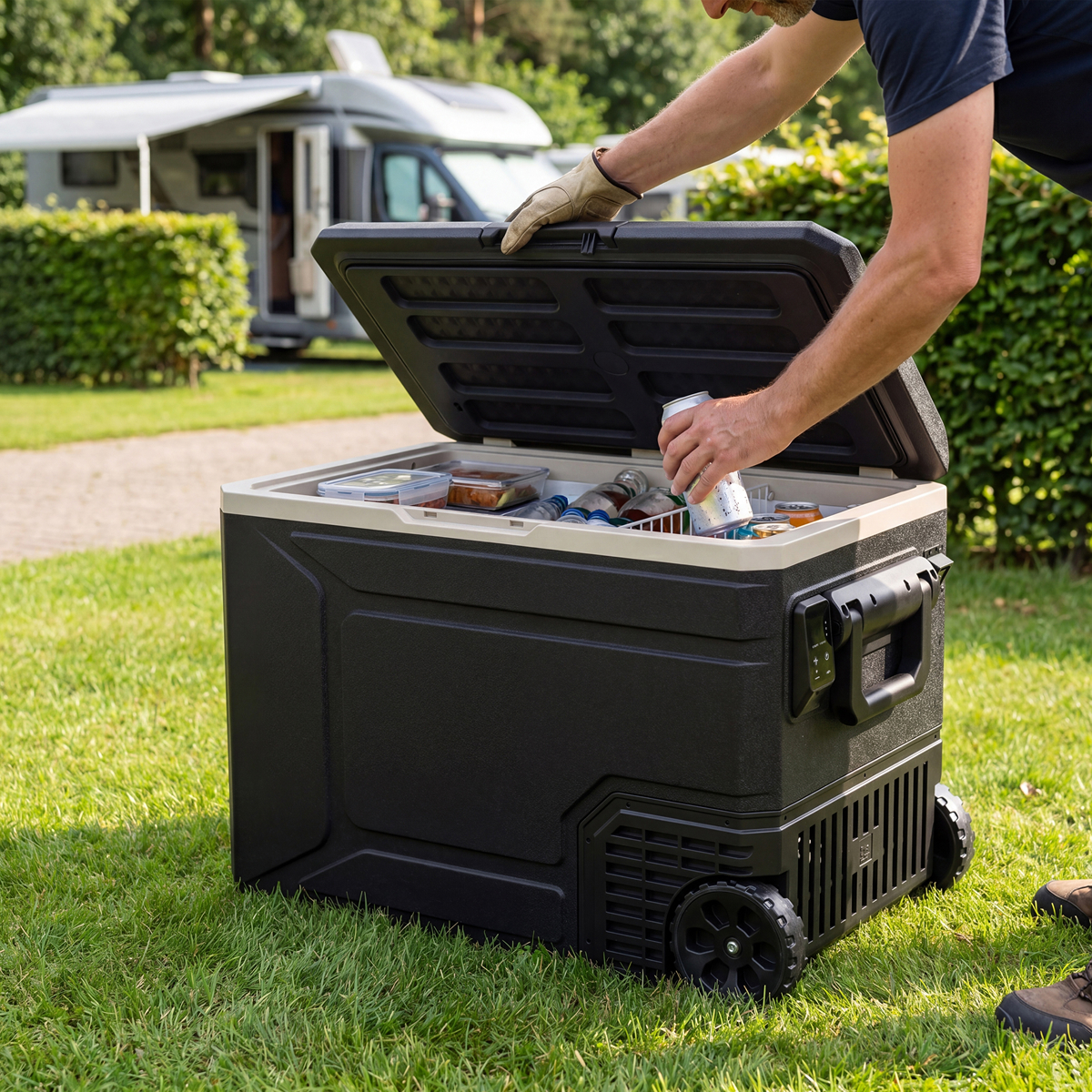 koelbox, mobiele koelbox, camping, buitenkant, handvat