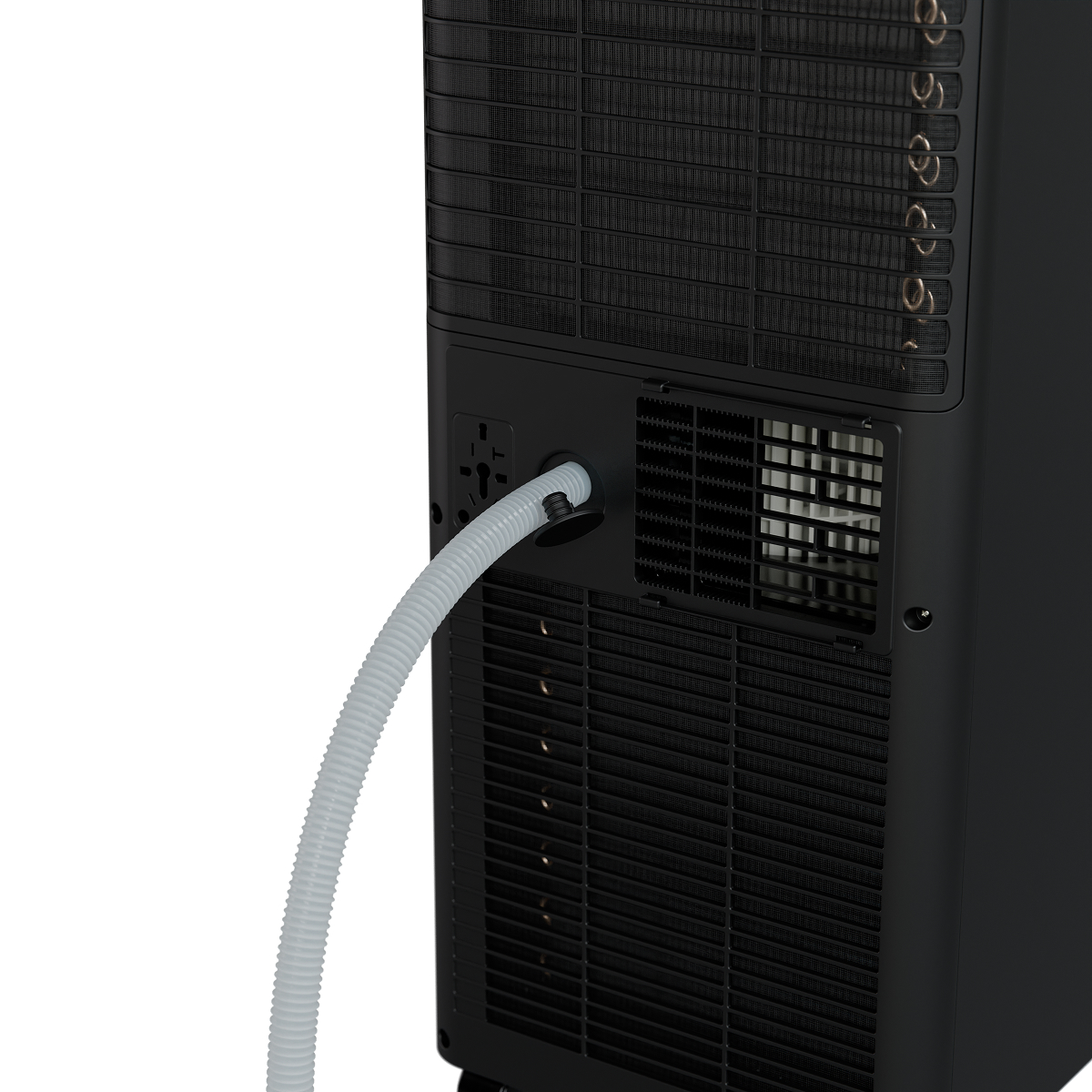 airconditioner, portable unit, afvoerslang, achterpaneel, ventilatiegrill
