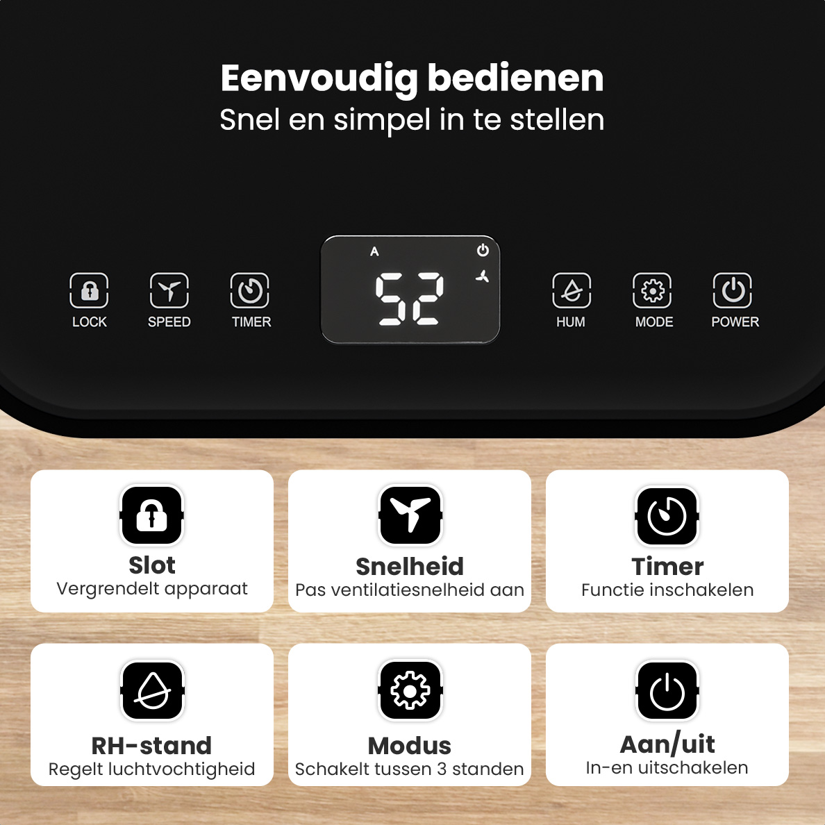 ventilator, digitale weergave, knoppenbediening, zwart paneel, knoppen
