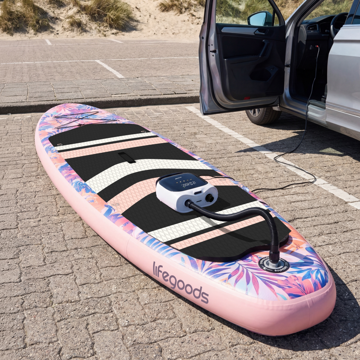 stand up paddleboard, inflatable board, paddleboard pump, pink floral design, car charger pump