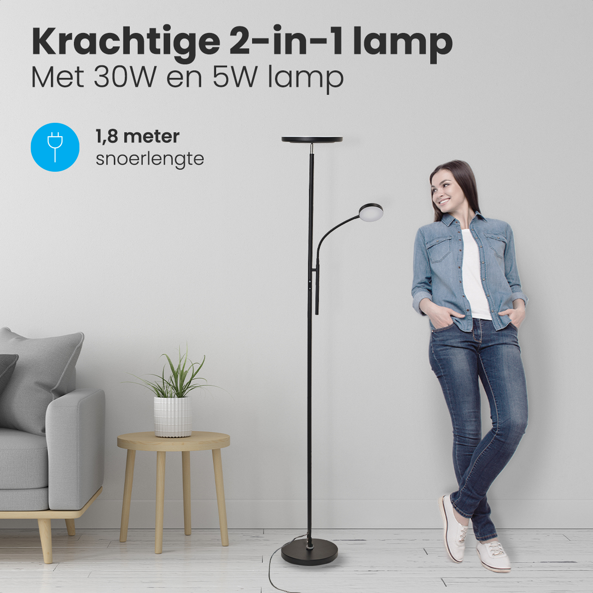 vloerlamp, 2-in-1 lamp, 30W 5W, zwart, kledingstijl