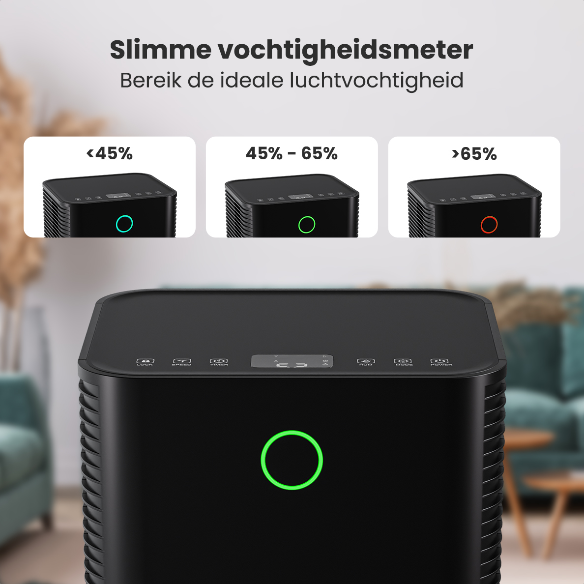luchtbevochtigingsmeter, luchtontvochtiger, LED-ring, digitaal display, 3D-model