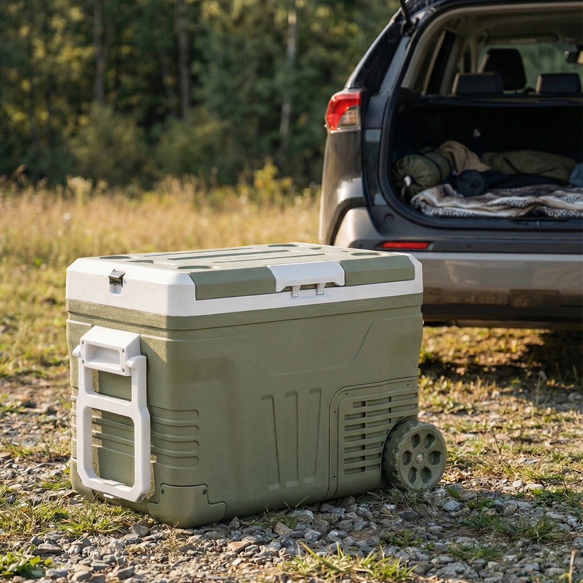 koelbox, camping, trolley, grijs, wagenuitrusting